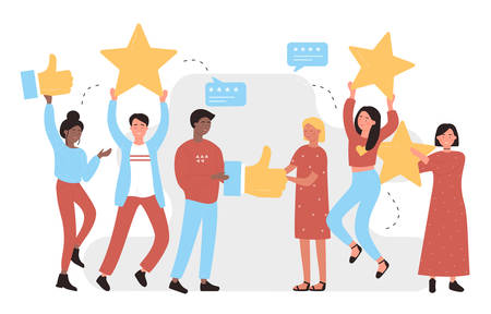 I like it character concept flat vector illustration. Social media background, successful online business, feedback, web. Young smiling people holding symbols or icons for rating post in their hands